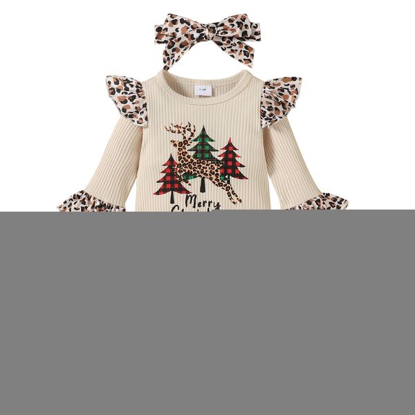 Strampler Citgeett Herbst Weihnachten Säuglingsbabys Mädchen Jungen Leopardenmuster Kleidung Set Lange ausgestellte Ärmel Overall Stirnband Weihnachtsanzug 230202