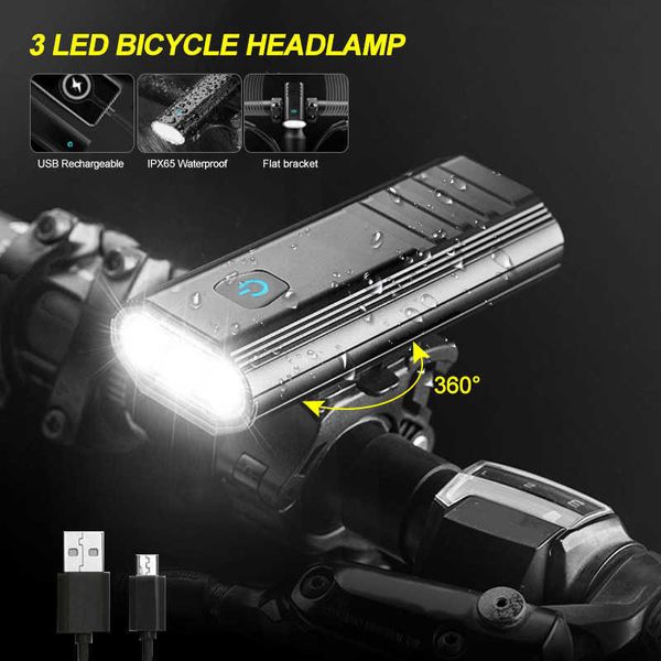 Luzes à prova d'água 3 Luz de bicicleta dianteira LED 4 Modos Lâmpada de bicicleta recarregável USB Tocha de bateria de 5200mAh com monte de 2 tipos 0202