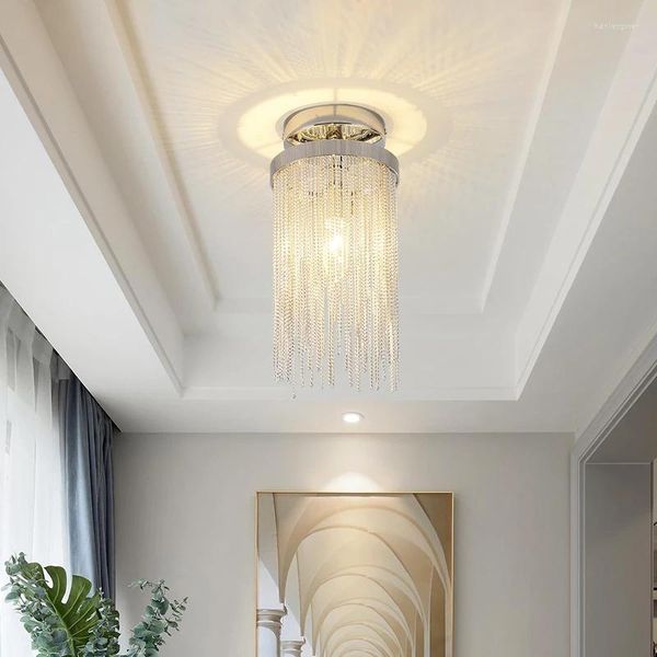 Plafoniere Lampadario moderno di lusso con catena a nappa per corridoio atrio balcone oro argento apparecchio di illuminazione per interni decorazioni per la casa