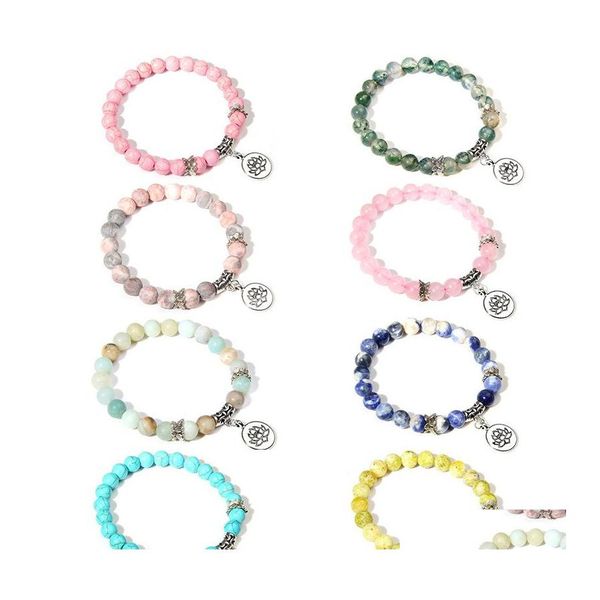 Fili di perline Bracciale in pietra naturale Colorf Perline Fascino di loto Fiore del sole Perline distanziatrici Gioielli elastici Regalo per uomo Donna Drop De Otzfb