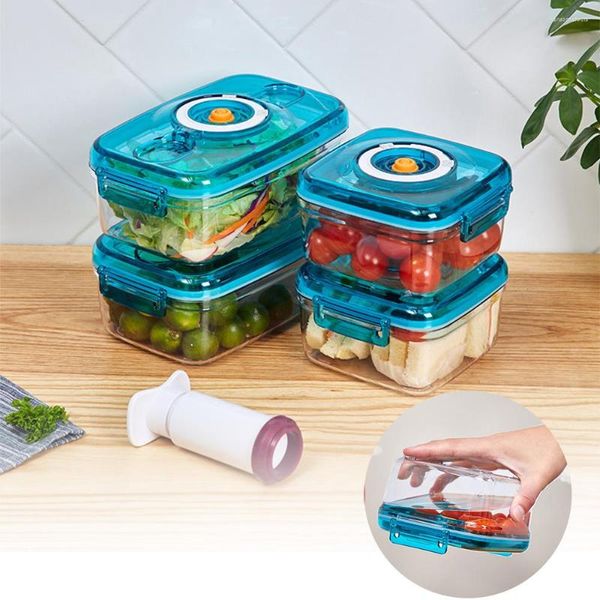 Bottiglie di stoccaggio 4 pezzi Lunch Box Organizzatori da cucina Contenitori sottovuoto per alimenti con pompa Accessori per la conservazione in plastica quadrati