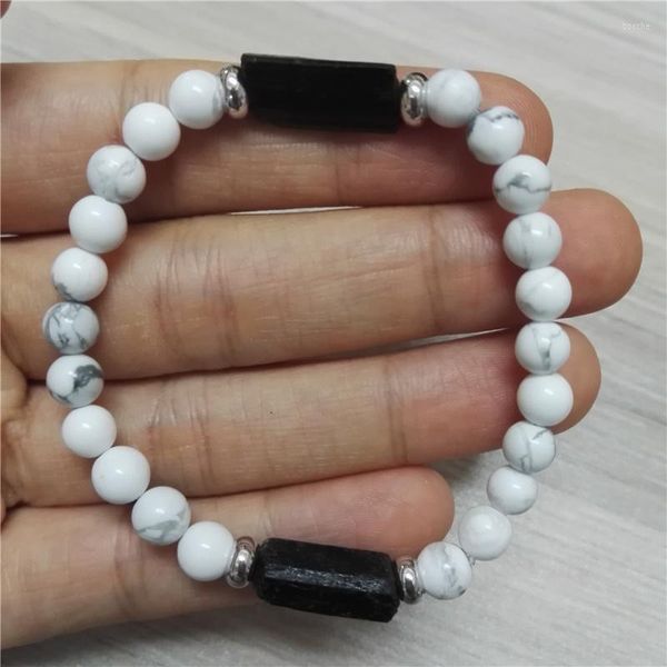 Натуральный грубый черный турмалиновый целебный камень из бусинки 6 мм полированные белые бифроизы Hywlite Energy Bracelet для мужчин -женщин