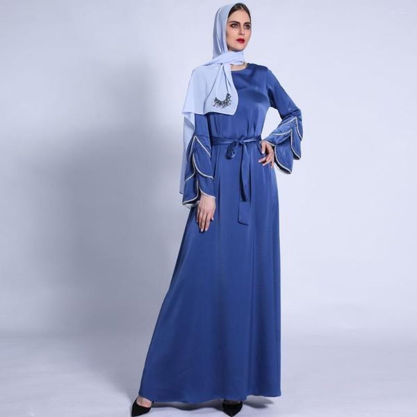 Abbigliamento etnico Abito musulmano Medio Oriente Dubai Abaya Turchia Ramadan Moda Abito Femme Musulmane Coda di pesce opaca Perlina manica a tre strati