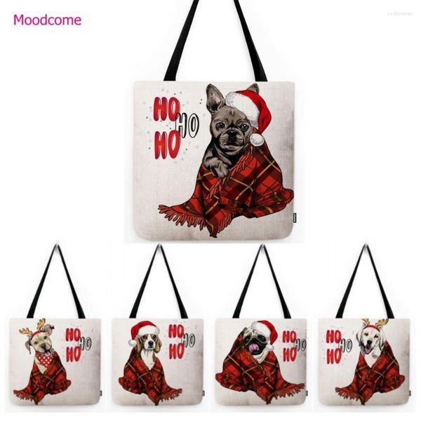 Сумки для хранения прекрасная милая собака с Санта -Клаусом Шляпа Красные Плеты Одеяние Очаровательное рождественское подарок сумка для водонепроницаемого льня