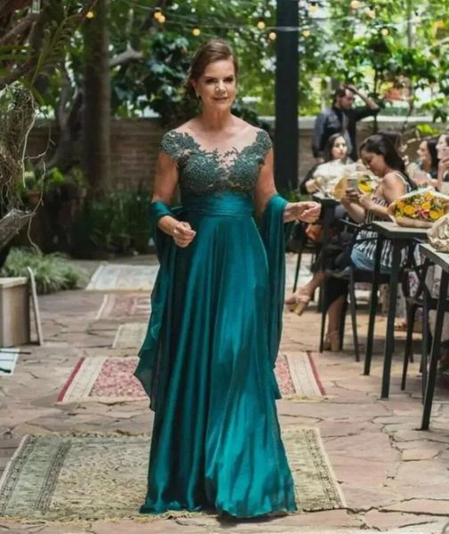 Hunter Abiti per la madre della sposa verde scuro con mantello avvolgente Matrimonio Scoop Neck Applique in pizzo Abiti da ballo per feste da sera Sposo mamma