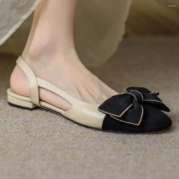 Sandalen Frauen echte Ledermischung Farbe Patchwork Slingback Slip-on Summer Round Toe Sweet Bowtie Korean Style Flats Schuhe