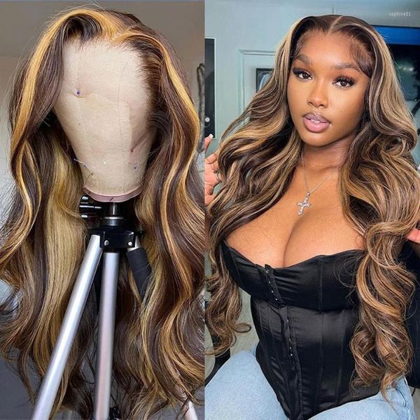 Onda corporal Destaque de 30 polegadas 13x6 peruca de renda Human Hair Wigs Honey Blond Water Colored ombre 13x4 frontal para mulheres