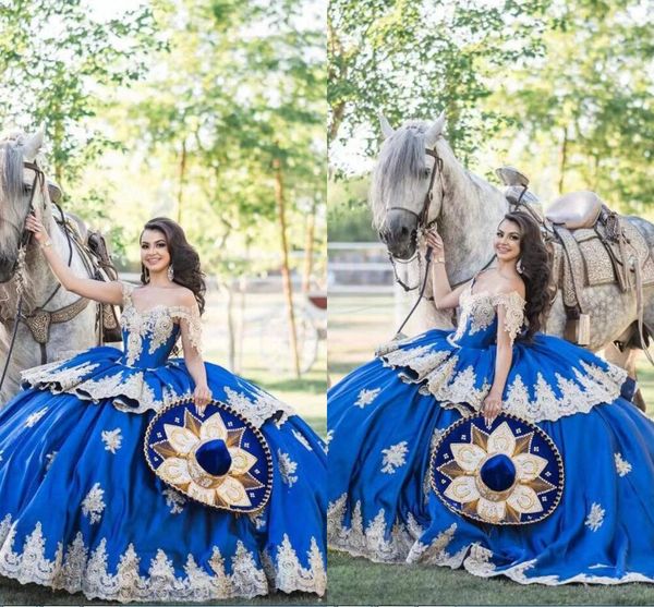 Роскошные королевские голубые и золотые выпускные выпускные платья Quinceanera платья шкаф для шнурки кружев