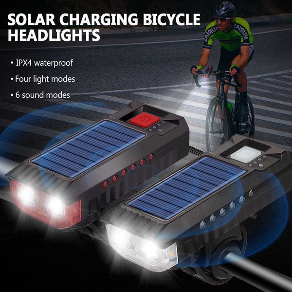 Luci Impermeabile Solar Power Light Ricarica USB Faro anteriore per bicicletta Built-in 4000MAH Lampada da ciclismo con funzione clacson per bici 0202