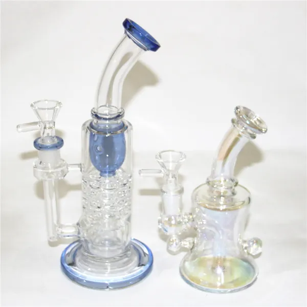 Schöne blaue Glasbongs Percolator Dab Rigs Mini Oil Rig Gerades Rohr Glas Wasserpfeifen 14mm Innengewinde mit Schüssel
