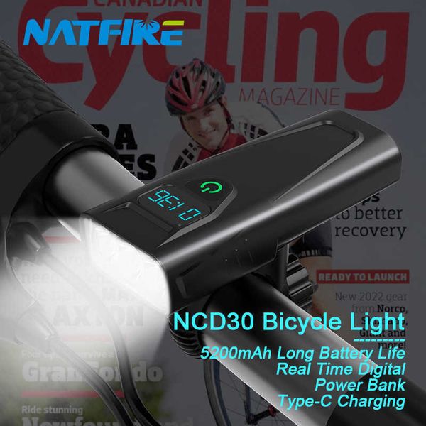 Luzes de bicicleta NATFIRE LUZ DIGITAL COM INDICADOR DE BATERIA INDICAÇÃO BRILHAÇÃO TIPO C RECHARGELECIMENTE 5200mAH Lâmpada de bicicleta