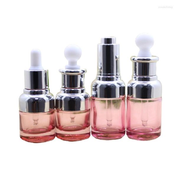 Aufbewahrungsflaschen, 20 ml, 30 ml, rosa Glasflasche für ätherische Öle, Tropfpipette, silberner Deckel, weiße Oberseite, Comestic-Verpackung, nachfüllbarer Behälter