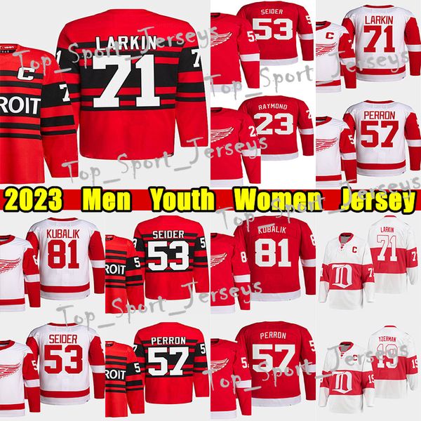 #71 Dylan Larkin Jersey de hóquei retro retro #53 Moritz Seider 57 David Perron Lucas Raymond Dominik Kubalik Tyler Bertuzzi Gordie Howe Steve Yzerman Jerseys