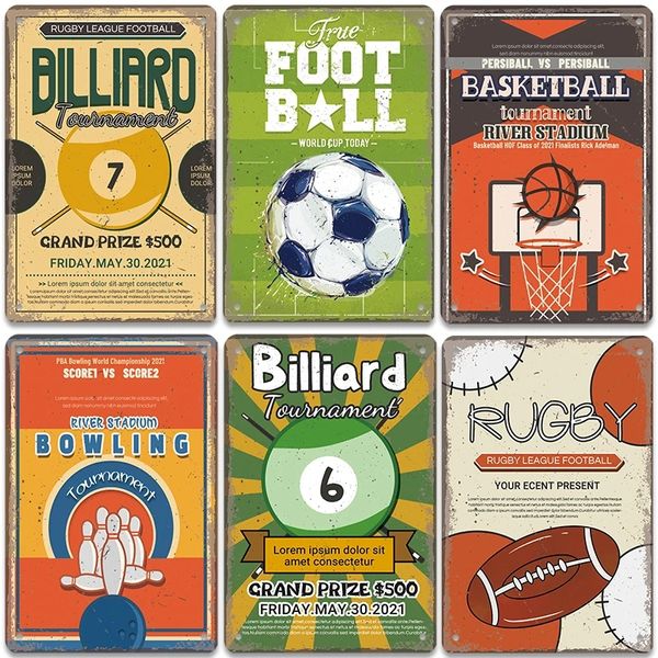 Poster a pallone poster Vintage Metal Painting Plaque Billard Bowling Rugby Football Metal Tin Signs Deco