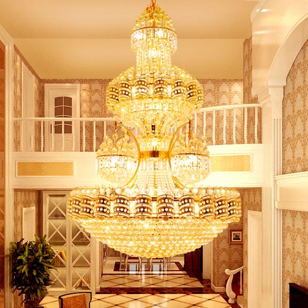 Lampadari di cristallo dorati americani Lampadari Lampadario classico europeo Lusso moderno Grandi lampade a sospensione Villa Scale Way Hotel Hall Parlor Droplight