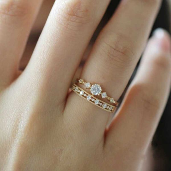 Solitaire Ring Luxus Finger für Frauen Einfache Stilvolle Design Doppel Stkable Set s Tägliche Tragen Mode accessoires Mädchen Schmuck Y2302