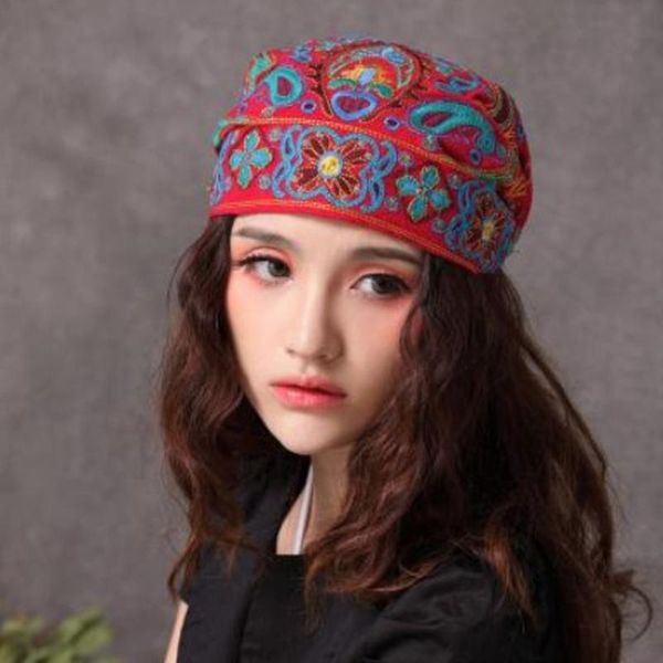 Cappelli a tesa larga 1 pz donne ricamo Fedora messicano stile vintage turbante berretto etnico rosso stampa per accessori moda
