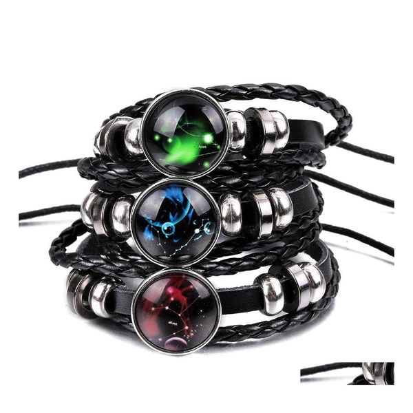 Catena a maglie Moda Braccialetti in pelle intrecciata Braccialetti 12 Costellazioni Bracciali Uomo Casual Personalità Segni zodiacali Gioielli Accesso Otsk9