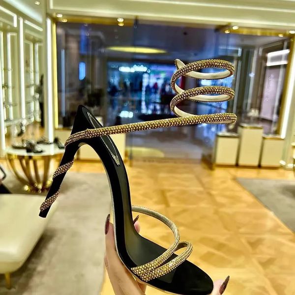 Kristaller Süslenmiş elmas taklidi Topuklu sandaletler Rene Caovilla Cleo 95mm Tasarımcılar Ayak Bileği Saran kadınlar yüksek topuklu sandalet çiçek taklidi Akşam ayakkabıları 35-43