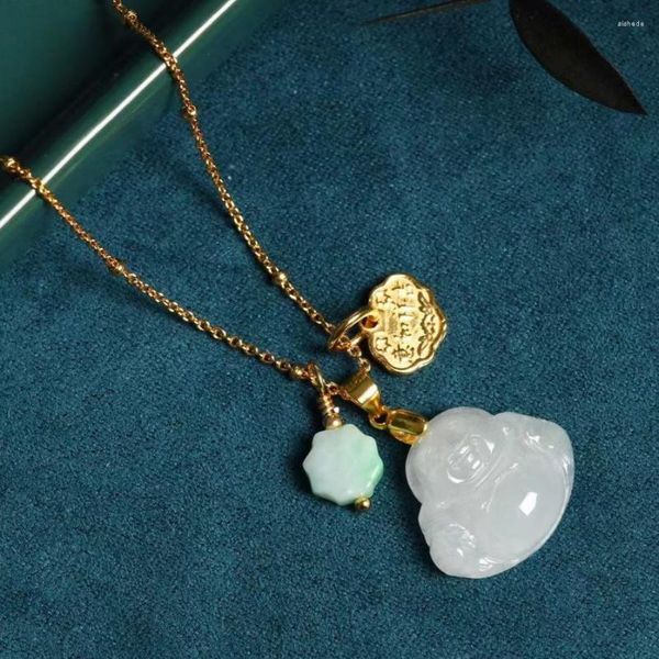 Zincirler Doğal Jadeite Maitreya Buddha Kolye Kolye Kısa Sterling Gümüş Kalın Kaplama 18K Altın Takı Ayarlanabilir Hipoalerjenik