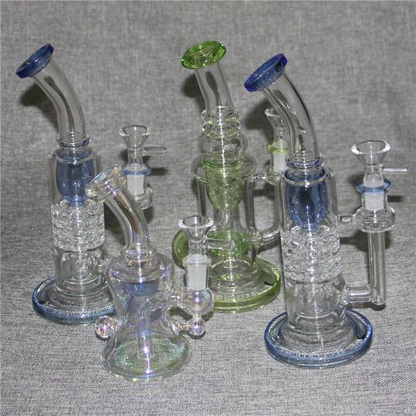 Gökkuşağı Yeşil Mavi 3 Stil Geri Dönüştürücü Cam Su Bongs Kalın Cam Dab Teçhizatlar Su Boruları Beaker Bong Heady Petrol Teçhizat Bubbler Sigara içmek için