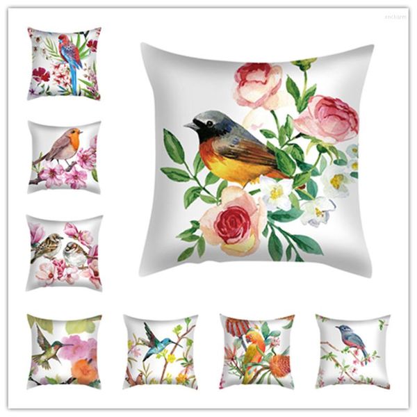 Travesseiro em estilo chinês flor -aquarela e travesseiro de pássaro pêssego de veludo de veludo pintura de pintura de pintura da sala de estar quarto