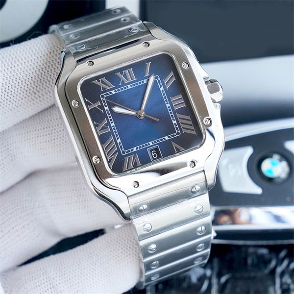 Мужские часы с постепенным синим квадратным циферблатом 39,8 мм из сапфирового стекла со складной застежкой в римском цифровом стиле в форме меча тонкая стальная стрелка 904L автоматические механические часы