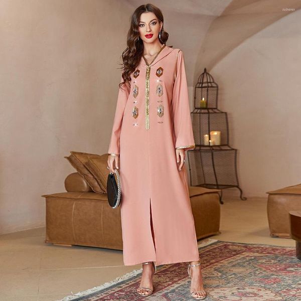 Abbigliamento etnico Rosa Diamante Fatto A Mano Marocchino Donne Musulmane Abito Con Cappuccio Abaya Per Vestidos Largos Caftano Marocain