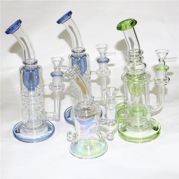 Berauschende Glasbongs, Recycler-Bong, einzigartige Regenbogen-Grün-Blau-Wasserpfeifen, Duschkopf, Perc-Perkolator, Wasserpfeifen, Öl-Dab-Rigs, 14-mm-Verbindung mit Schüssel