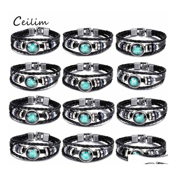 Catena a maglie 12 Constellation Bracciale Gioielli di moda Bracciali in pelle intrecciata Uomini Personalità casual Segni zodiacali Goccia all'ingrosso Del Ots7X