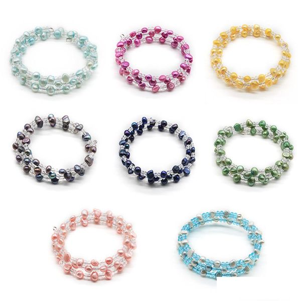 Braccialetti con strati di perle d'acqua dolce con perline 11 colori tinti Perle e perline di cristallo trasparente Bracciale avvolgente per le donne Matrimonio Dhscv