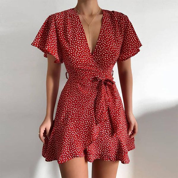 Sıradan elbiseler yaz kadınlar elbise kelebek kolu polka dot çiçek baskı v boynu yüksek bel kanatları vintage kadın mini kırmızı vestidos 2023casu