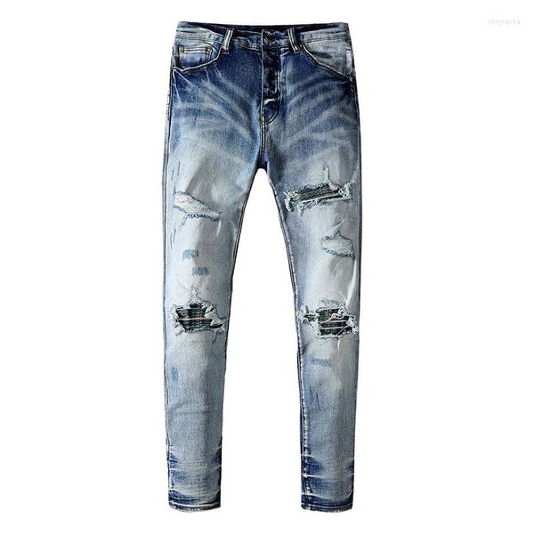 Jeans da uomo 2023AM Fashion Light Blue High Street Style Retro Old For Men Elastic Slim Fit Strappato Patch Pantaloni in denim Pantaloni da uomo