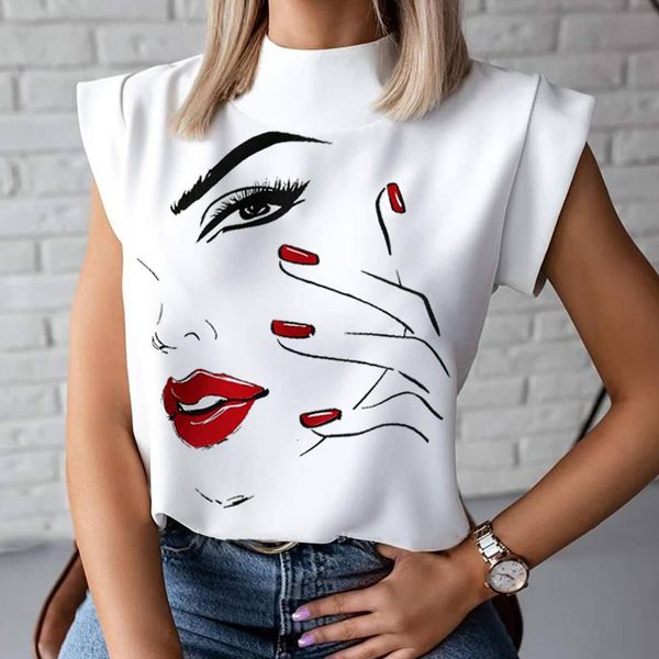 Damesblouses Shirts Mode Dames Elegant Lippen Print Tops en blouse Zomer Dames Kantoor Casual Stand Hals Truien Oog Blusa 230202