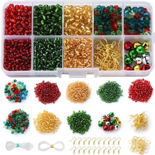 Perline 3578Pcs Set di scatole di semi di vetro rosso/verde/oro Ganci in lega Cerchi Campane Bicono di cristallo per regali di ornamento di Natale fai da te