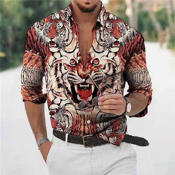 Camicie casual maschile 2023 tiger 3d stampato uomo camicia a turno di lusso a maniche lunghe punk streetwear da uomo abbigliamento da uomo gotico cardigan