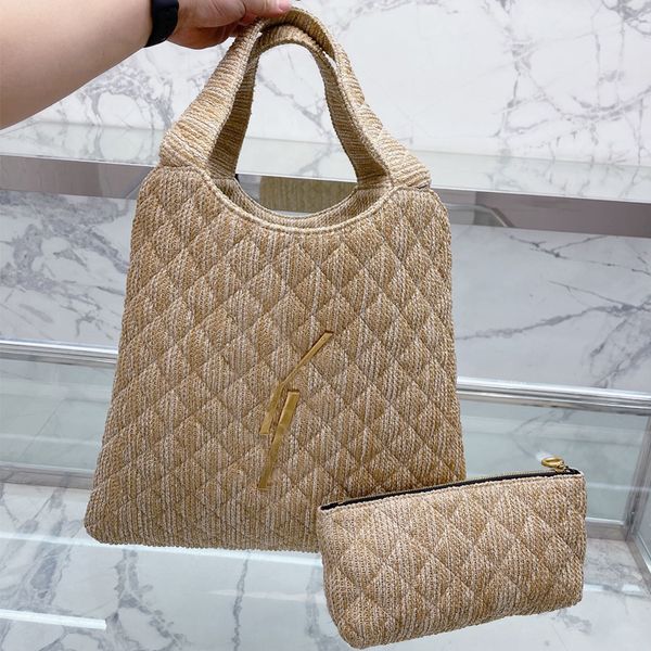 Borse per la spesa in lino con reticolo diamantato Borsa per donna Borsa in vera pelle Filo di metallo Grande lettera Segno Portafoglio con cerniera a catena Borse a tracolla nere Borse Tote