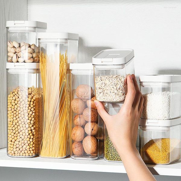 Bottiglie di stoccaggio Scatola trasparente Quadrato Sigillato Barattoli di cereali Spezie Cucina Chicco di caffè Coperchio del barattolo Contenitore per alimenti Organizzazione