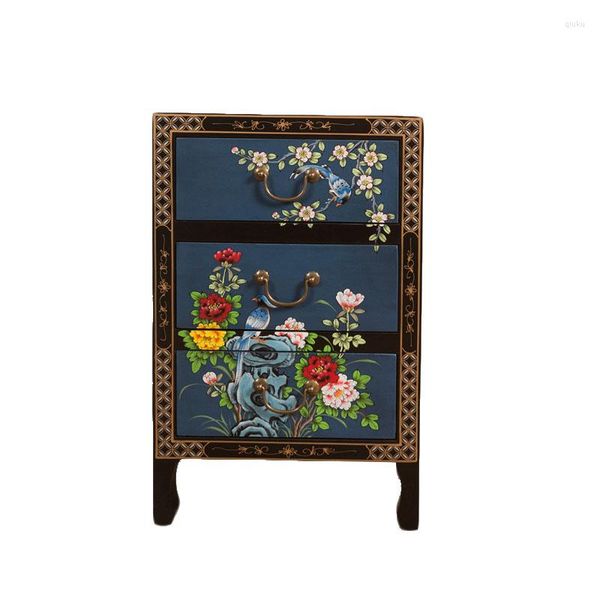 Weihnachtsdekorationen, handbemalter Nachttisch, chinesische klassische antike Reproduktionsmöbel, Holz, blau, drei Eimer