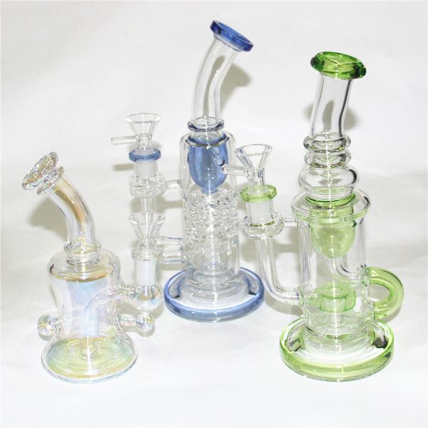 Arcobaleno Verde Blu Narghilè Bicchiere di vetro Bong Tubi per l'acqua in vetro Riciclatore Bong Dab Rig Bruciatore a nafta Raccoglitore di cenere Gorgogliatore con ciotola da 14 mm