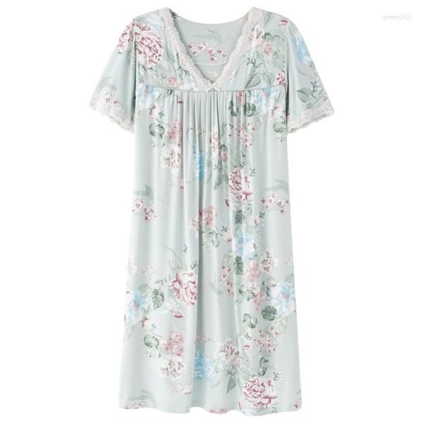 Mulheres do sono feminino Casual Ladies verde V Neck Sleep Dress Dress Home Nightwear Night Dalt Floral Shirt Long Elegant