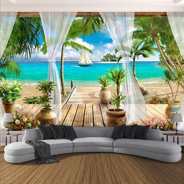 Duvar Kağıtları Po Duvar Kağıdı 3D Stereo Balkon Plajı Deniz Görünümü Duvar Bezi Modern Oturma Odası Yatak Odası Ev Dekor Kağıdı Duvarlar için