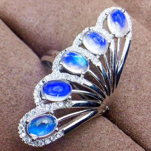 Cluster Rings Moonstone Ring Natural Blue 925 Sterling Silver 0,55CT 5PCS Gemstone #T18060508