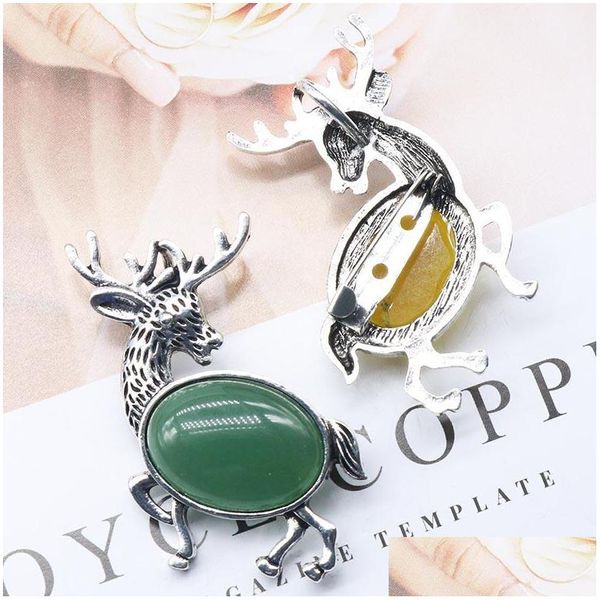 Anhänger Halsketten Naturstein Edelstein Brosche Elch Hirsch Rosenquarz Kristall Jade Onyx Perlen Halskette Heilung Schmuck für Frauen Ro Dhgarden Dhcpm