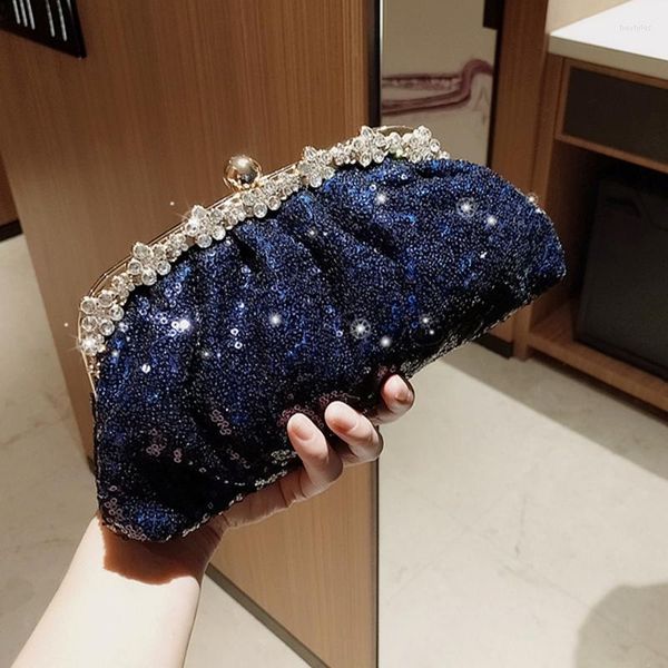 Borse da sera Pochette blu scuro Donna Borse con paillettes Bling e borsa con diamanti Portafoglio da donna Tracolla a catena Festa femminile