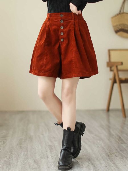 Frauen Shorts Winter Herbst Neue Vintage Cord Button Up A-line Rot Weibliche Korea Stil Casual Lose Breite Bein Einfache grundlegende Y2302