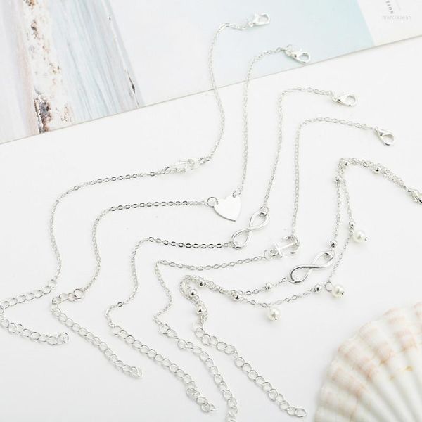 Cavigliere Vintage 5 pezzi Set cuore di ancoraggio testa perla artificiale cavigliera in lega per le donne 2023 gioielli da spiaggia del piede