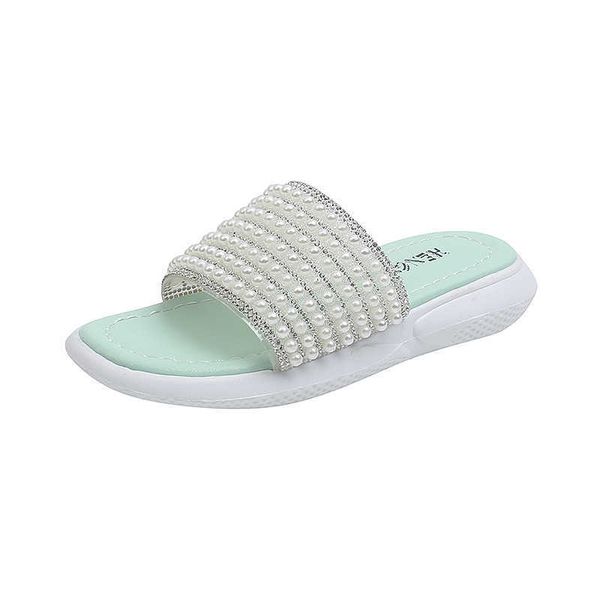 Slipper uma palavra 2022 Summer New Pearl Outer Wear Wear Princess Slippers Little Girls Flat Shoes Non Slip Casual 0203