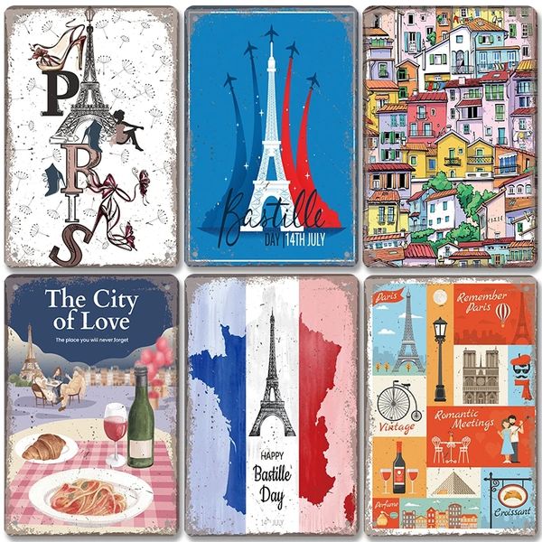 Feliz Dia da Bastilha Pintura Metal Metal Sinais de lata de metal vintage A cidade da cidade de Love Paris Metal Metal Decoração de parede para café Home 20cmx30cm woo