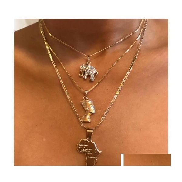 Colares pendentes J￳ias de j￳ias de moda colar de mtilayer elefante met￡lico fara￳ egyptian yan Heart Africa Drop Drop Pingents Dhiiw